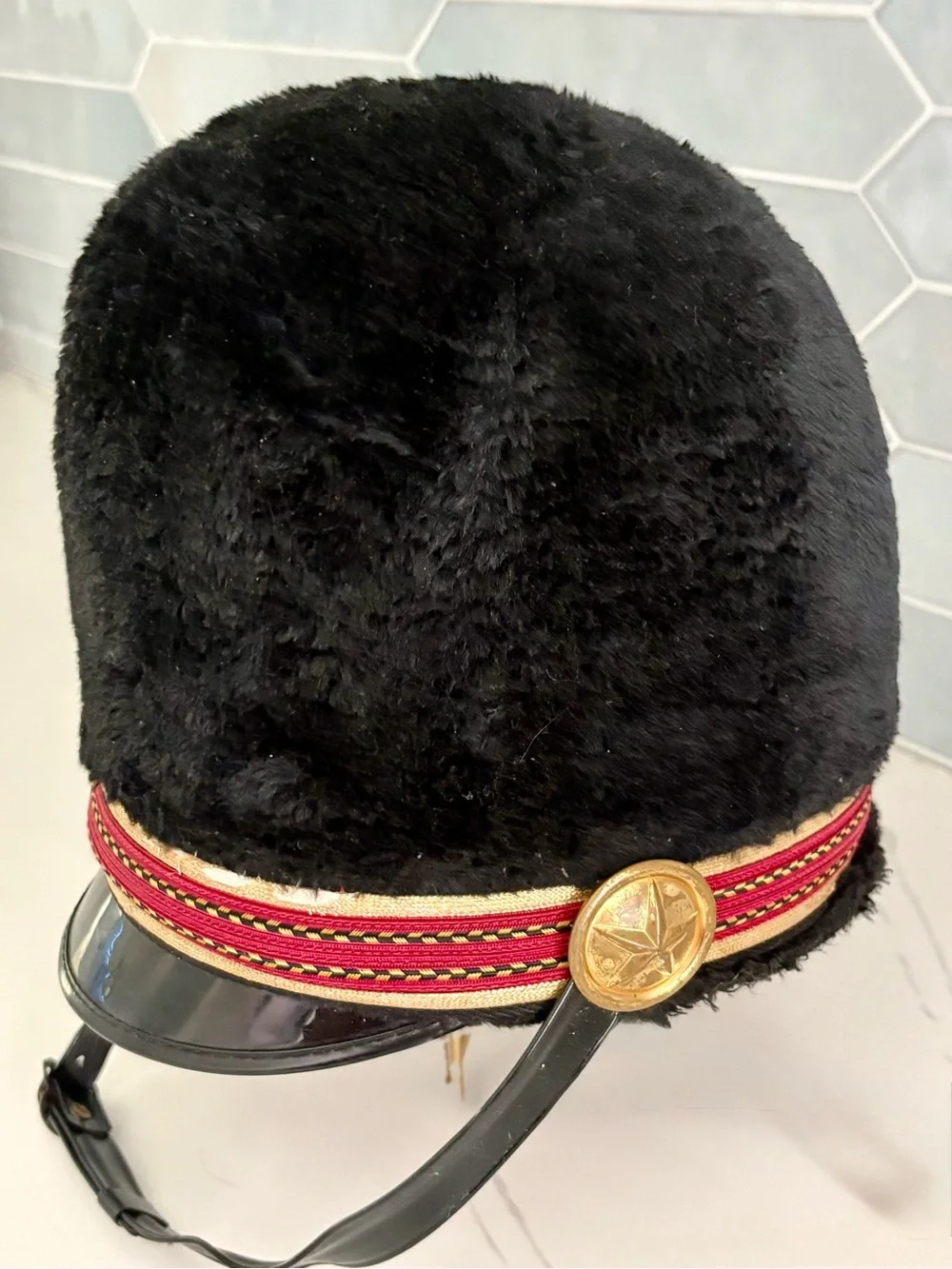 Ostwald Vtg Faux Fur Marching Band Busby Hat Black Drum Major Shako RedGold Trim